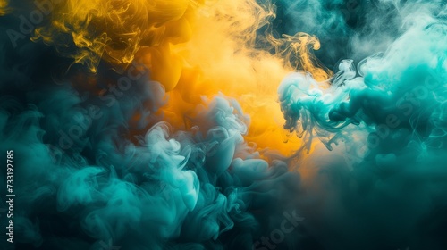 A burst of vibrant chartreuse, cosmic teal, and sunlit gold smoke swirling artistically against a deep obsidian backdrop, creating a bold and energetic abstract composition. 