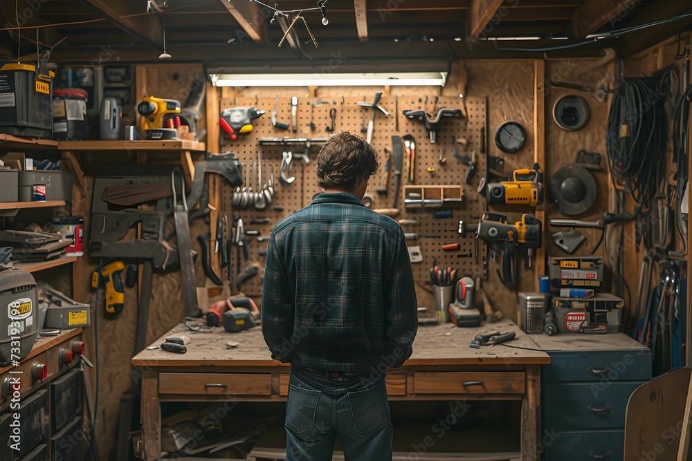 A man stands thoughtfully in a well-equipped workshop, surrounded by an array of organized tools and workbenches. A man stands thoughtfully in a well-equipped workshop, surrounded by an array of organized tools and workbenches.