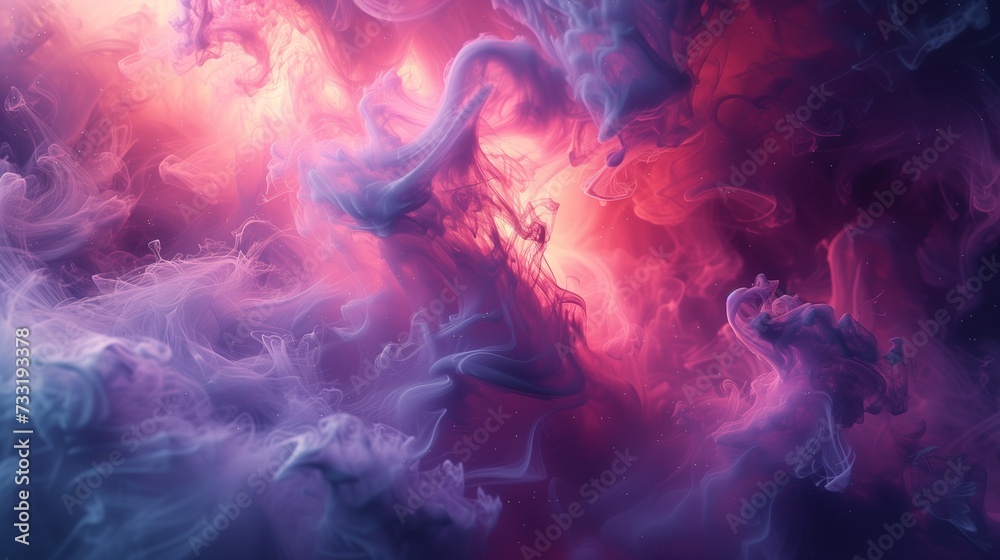 A fusion of dynamic vermilion, celestial teal, and glistening silver smoke forming a lively and bold abstract landscape against a subtle lavender backdrop. 
