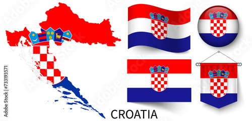 The various patterns of the Croatia national flags and the map of Croatia's borders