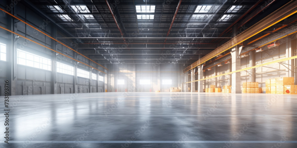 Modern factory, warehouse, shop or store, space on concrete floor for industrial.