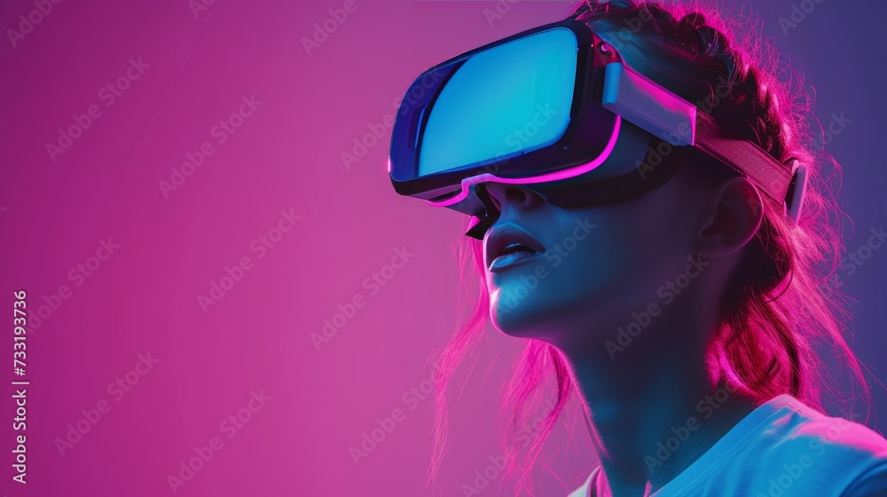 Woman exploring virtual environments through VR glasses, her face reflecting wonder and excitement Woman exploring virtual environments through VR glasses, her face reflecting wonder and excitement