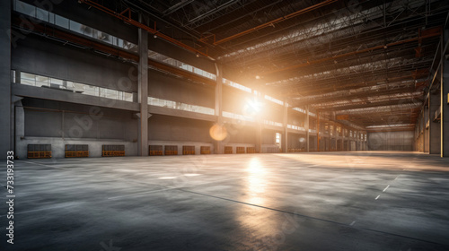 Modern factory, warehouse, shop or store, space on concrete floor for industrial. © Wararat