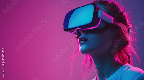 Woman exploring virtual environments through VR glasses  her face reflecting wonder and excitement