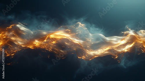 A gold metallic smoke isolated on a navy background. The smoke looks like a coin, shining and valuable everything it reflects.  photo