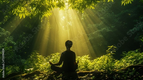 Sunlight streaming through lush green foliage onto a person meditating