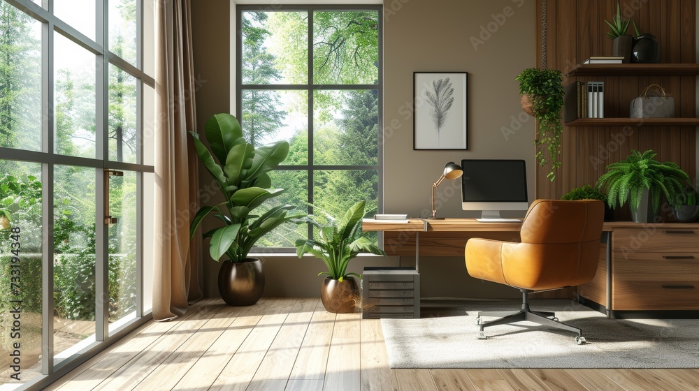 Fototapeta premium Stylish home office featuring a sleek desk and modern decor