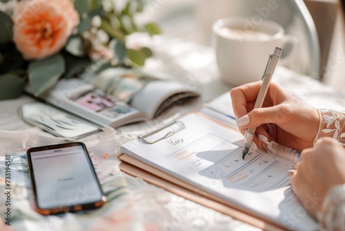 A close-up shot capturing the serene moments of wedding planning, featuring a bride's hand writing in a planner, a delicate cup of coffee, and floral decor