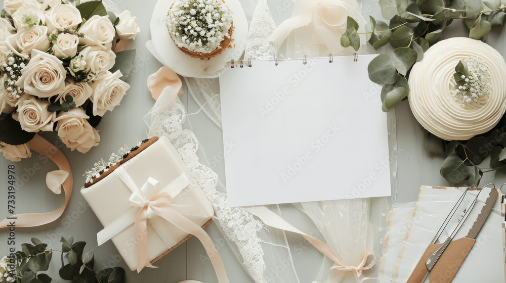 A bride's hands are seen arranging a cake tasting setup with elegant white roses and a wedding planning checklist, capturing the essence of matrimonial preparation.. - obrazy, fototapety, plakaty 