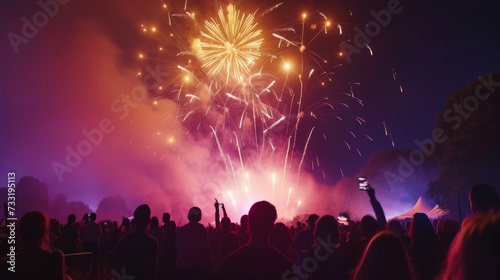 Vibrant fireworks illuminating the night sky during a music festival, creating a mesmerizing spectacle © olegganko