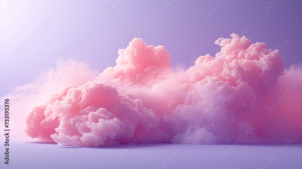 A pink fluffy smoke isolated on a purple background. The smoke looks like a cotton candy, sweet and soft and melting in your mouth. 