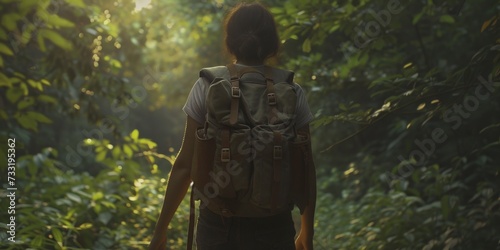 traveler with a backpack walks through the forest Generative AI
