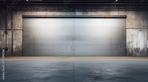 Roller door or roller shutter, concrete floor in industrial building i.e. modern factory, plant, warehouse, shop, garage or store.