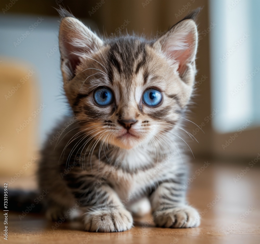 Cute little kitten with red fur and blue eyes, looking at the camera. AI generated. Cute little kitten with red fur and blue eyes, looking at the camera. AI generated.