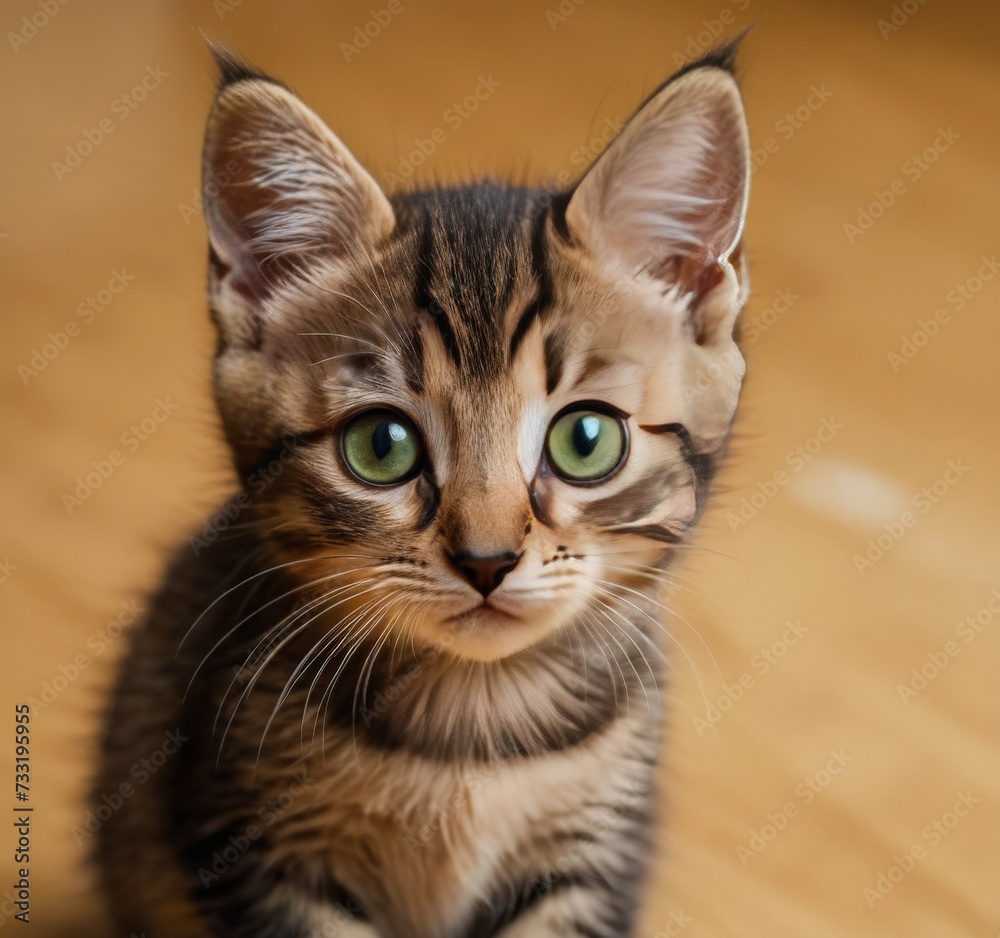 A beautiful little kitten with red fur sits and looks at the camera. AI generated.