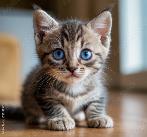 Cute little kitten with red fur and blue eyes, looking at the camera. AI generated.