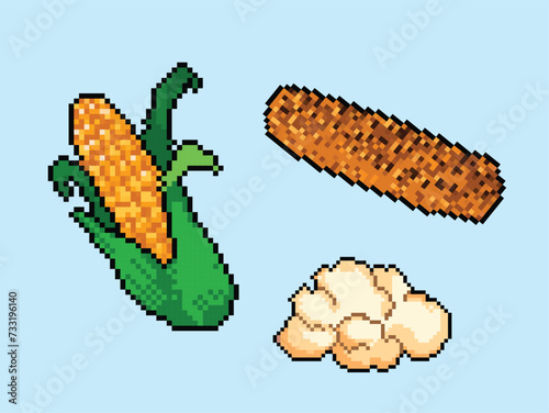 Raw corn, roasted corn, and one piece of pop corn snack. Pixel bit retro game styled vector illustration drawing set collection bundle group. Simple flat cartoon art isolated on blue horizontal ratio.