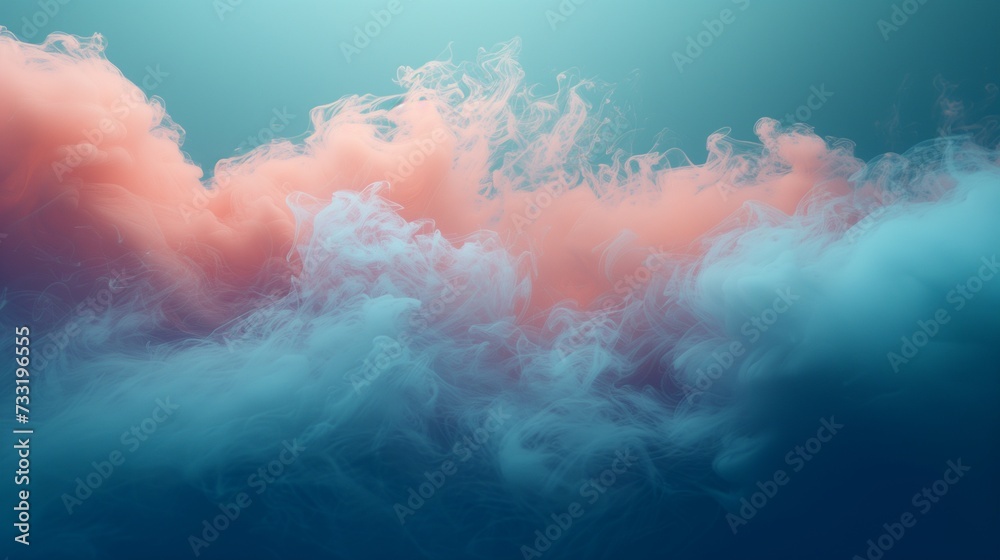 A turquoise water smoke isolated on a coral background. The smoke looks like a wave, splashing and refreshing everything it touches. 
