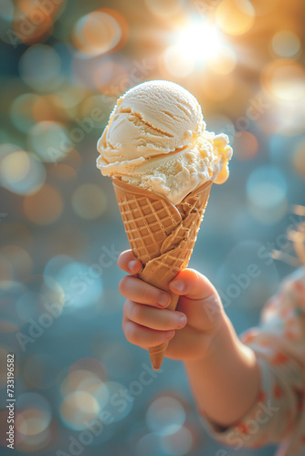 Hand baby holding ice cream cone close up vertical image