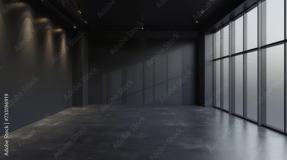 Empty space in black color. Studio room with window