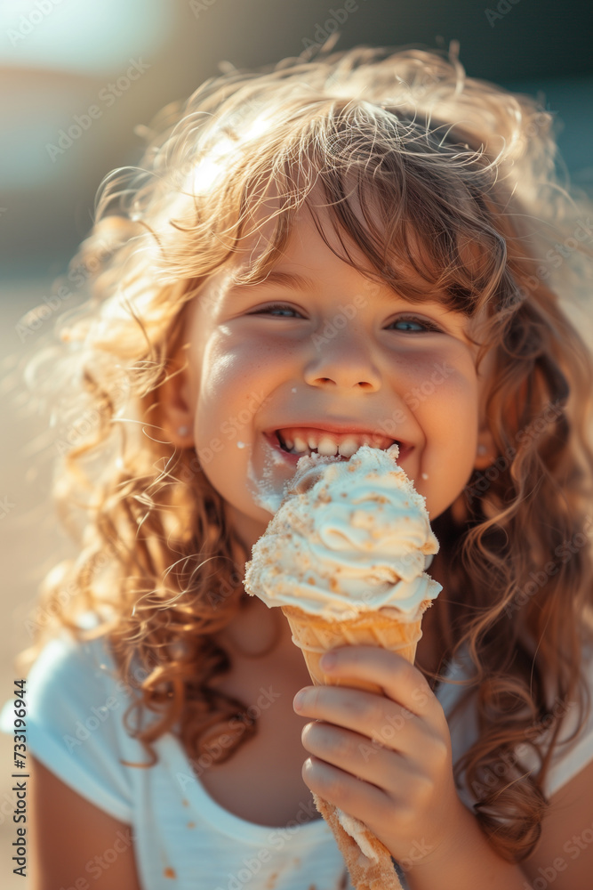 Happy child eating ice cream in a waffle cone travel outdoors Vertical image. A happy and contented child Happy child eating ice cream in a waffle cone travel outdoors Vertical image. A happy and contented child