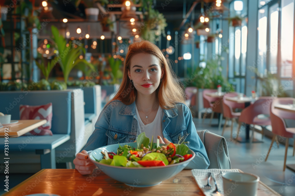A beautiful girl eating salad in a restaurant. Healthy life eating concept