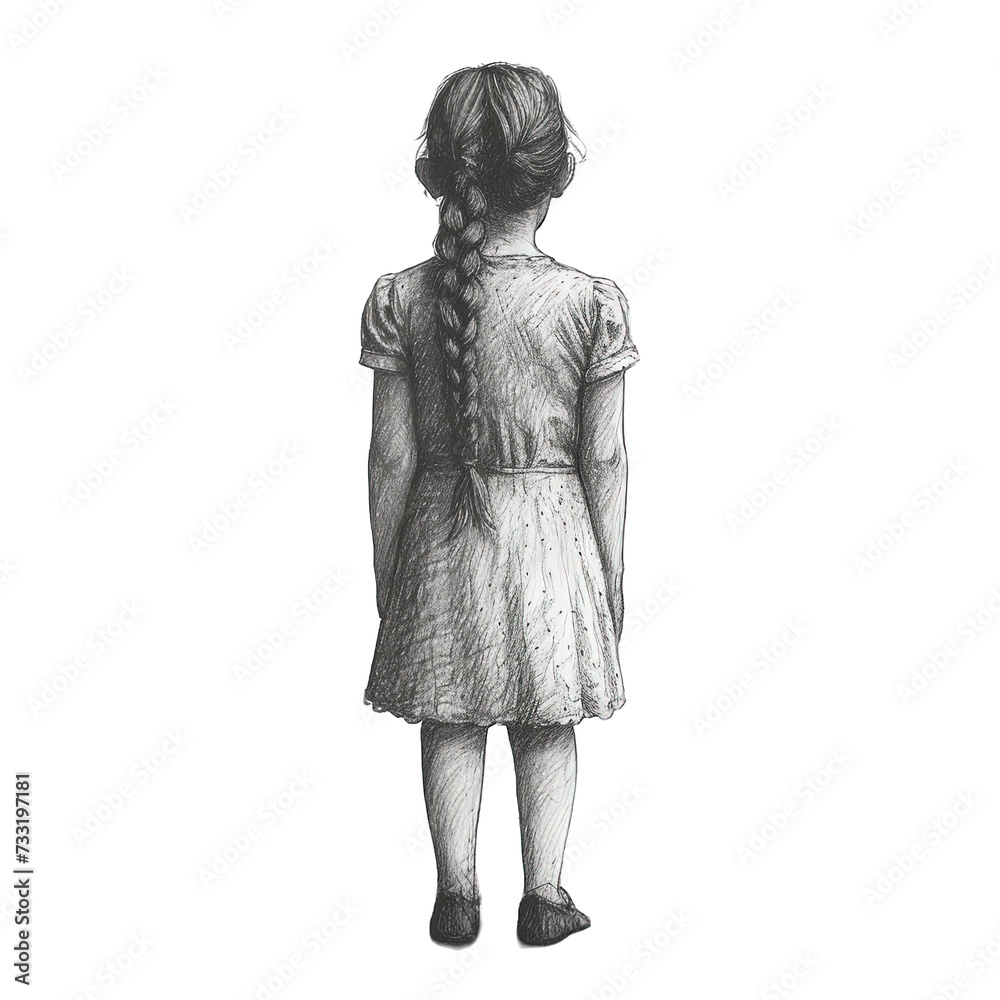 Standing Girl Child Back View, Pencil Drawing Style Standing Girl Child Back View, Pencil Drawing Style