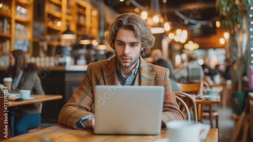 In the inviting ambiance of a cozy cafe, a young man in a fashionable business casual coat is engrossed in his laptop work, illuminated by the soft ambient lighting.