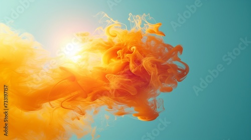 A yellow sunny smoke isolated on a blue background. The smoke looks like a sunbeam, brightening and warming everything it shines on. 