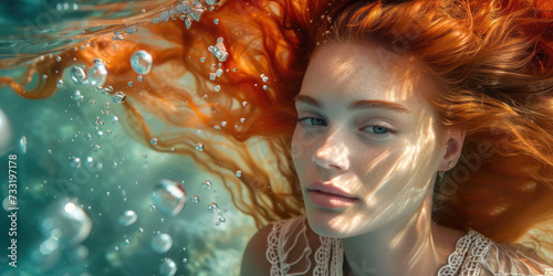 a beautiful mermaid with red hair swimming under water
