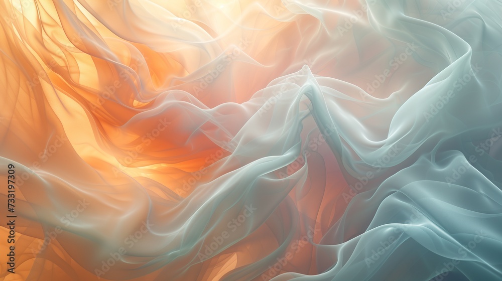 Cascading ribbons of ethereal turquoise, soft coral, and shimmering pearl white smoke elegantly billowing on a solid sepia canvas, forming a tranquil and enchanting abstract scene. 