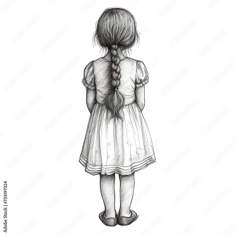 Standing Girl Child Back View, Pencil Drawing Style