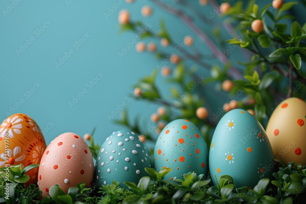 Easter eggs, flower, and leaves on a blue background