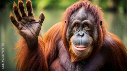 Happy orangutan pleased to welcome you. photo