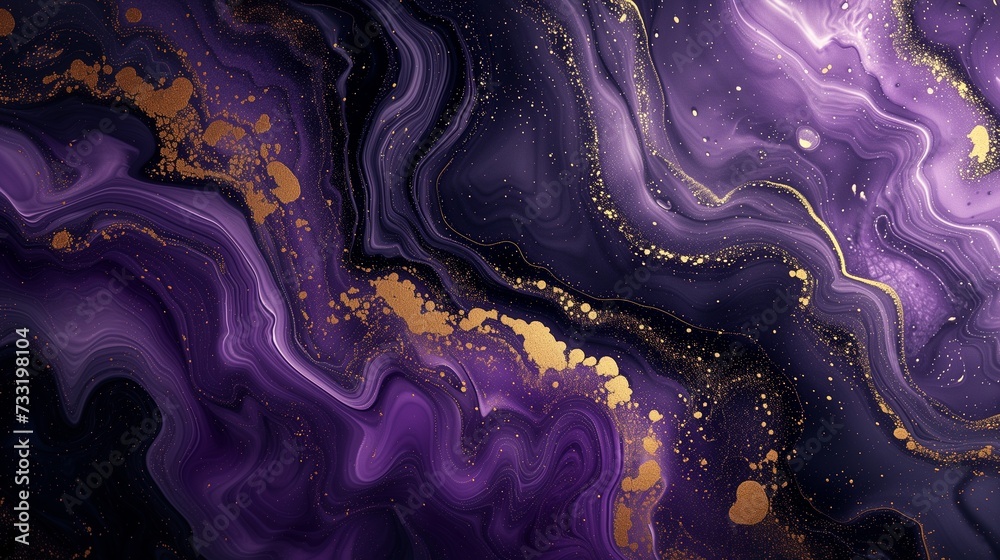 Cosmic trails of velvety black, radiant gold, and celestial lavender smoke gracefully unfolding against a solid mauve background, crafting a sophisticated and mysterious abstract display.  - obrazy, fototapety, plakaty 
