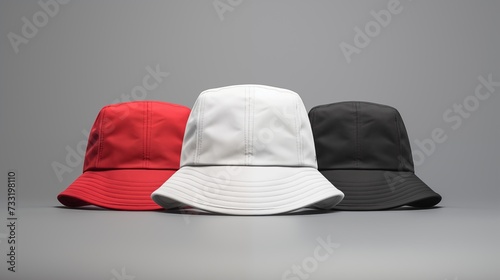 Set of blank white, black and red bucket hat mockup template isolated on grey background photo