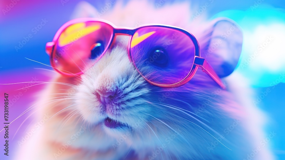 Fantasy vaporwave portrait of retrowave hamster. Pink and blue colors.