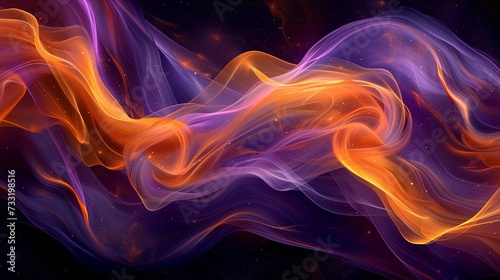 Dynamic swirls of fiery orange, glistening gold, and celestial violet smoke converging on a pitch-black background, forming a vibrant and mesmerizing abstract spectacle. 