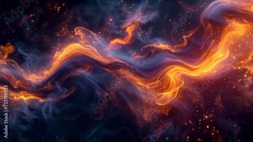 Dynamic swirls of fiery orange, glistening gold, and celestial violet smoke converging on a pitch-black background, forming a vibrant and mesmerizing abstract spectacle. 
