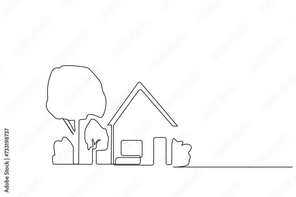 house building real estate with garden front view tree plant one line ...