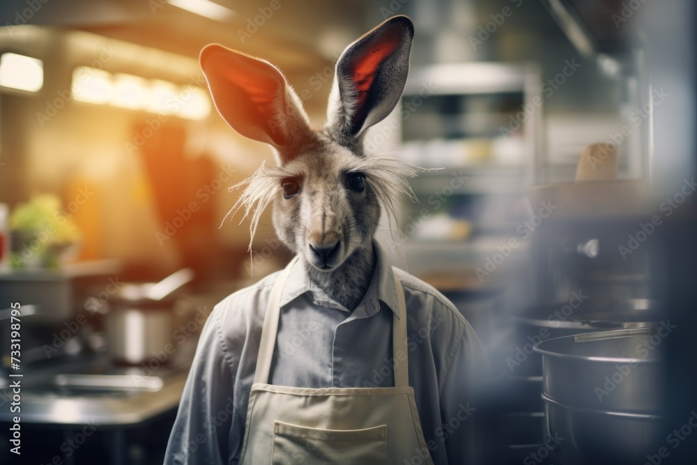 Kangaroo as a chef cook in a restaurant kitchen.