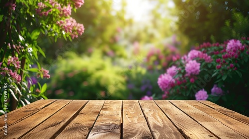 closeup wooden table with a blurred background of green garden and flower backdrop