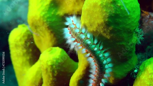 Dangerous polychaete Bearded fireworm (Hermodice carunculata) crawls along the Yellow tube sponge, close-up. photo