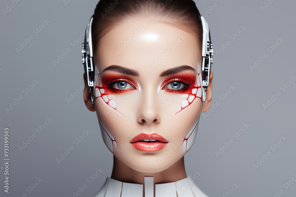 Fototapeta premium Detailed robot woman portrait in white red colors, futuristic glass eyes, looking at camera