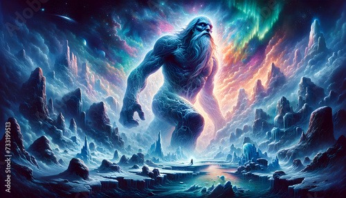 illustration of the mythological giant Ymir, in the primordial landscape of Norse mythology photo