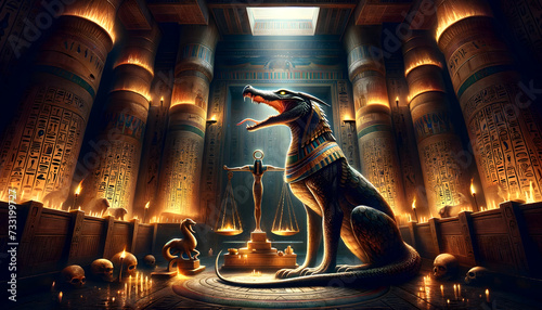 illustration of the mythological creature, Ammit, in a mystical Egyptian setting photo