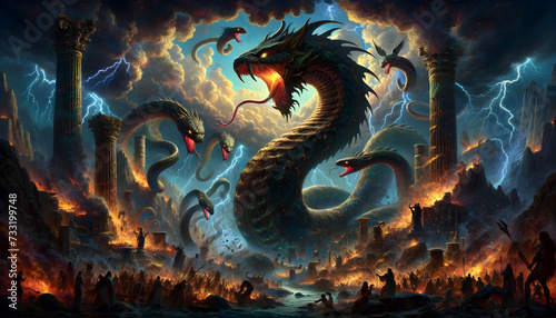 illustration of the mythological creature  Typhon  reimagined as a giant snake  in a dramatic and chaotic scene 