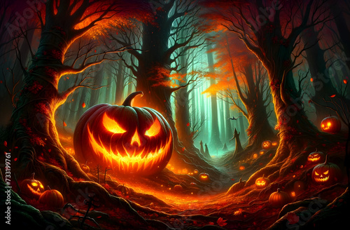 illustration of the mythological creature, the Jack-O'-Lantern, in a mystical autumn forest at night