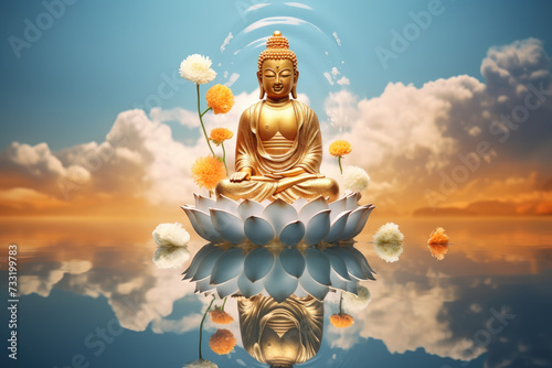 Golden buddha decorated with paper cut colorful flowers and clouds