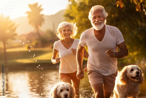 Elderly couple, 75, enjoying sunny park stroll with labrador, embodying active lifestyle